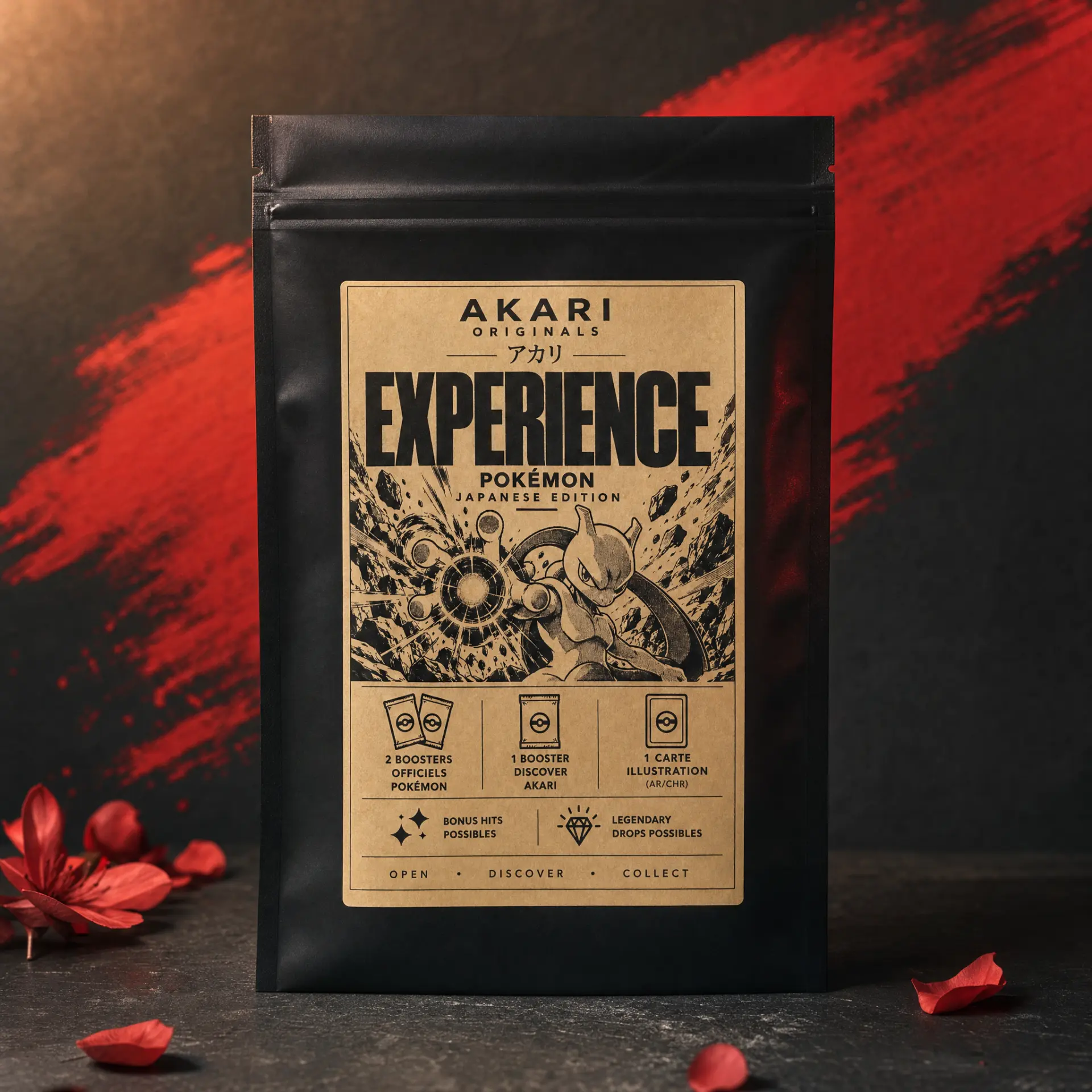 Akari Experience Pokémon Japanese Edition — sachet noir à étiquette kraft posé sur une pierre sombre, pétales rouges