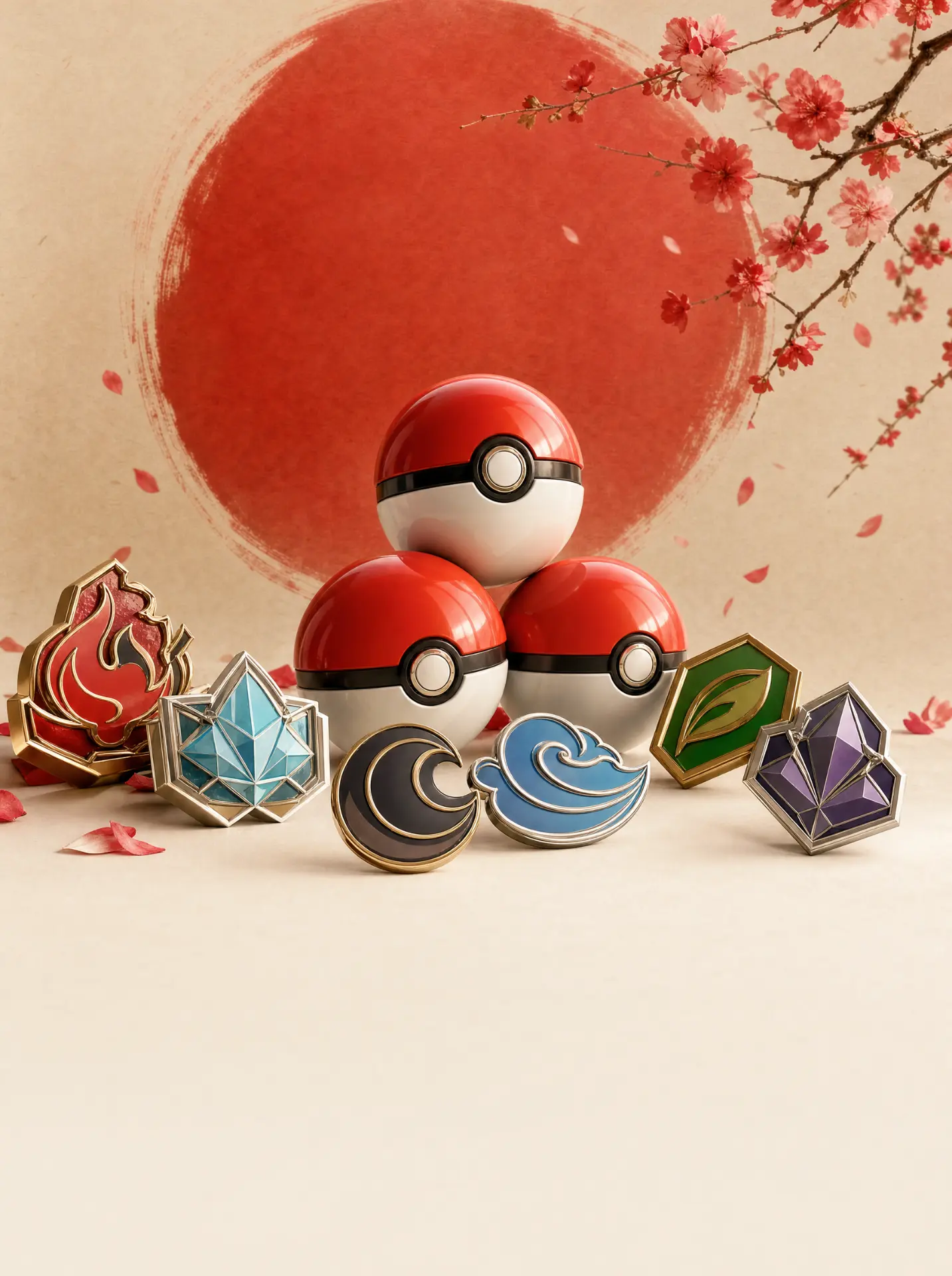 Pokéballs et badges de ligue devant un soleil rouge, fleurs de cerisier