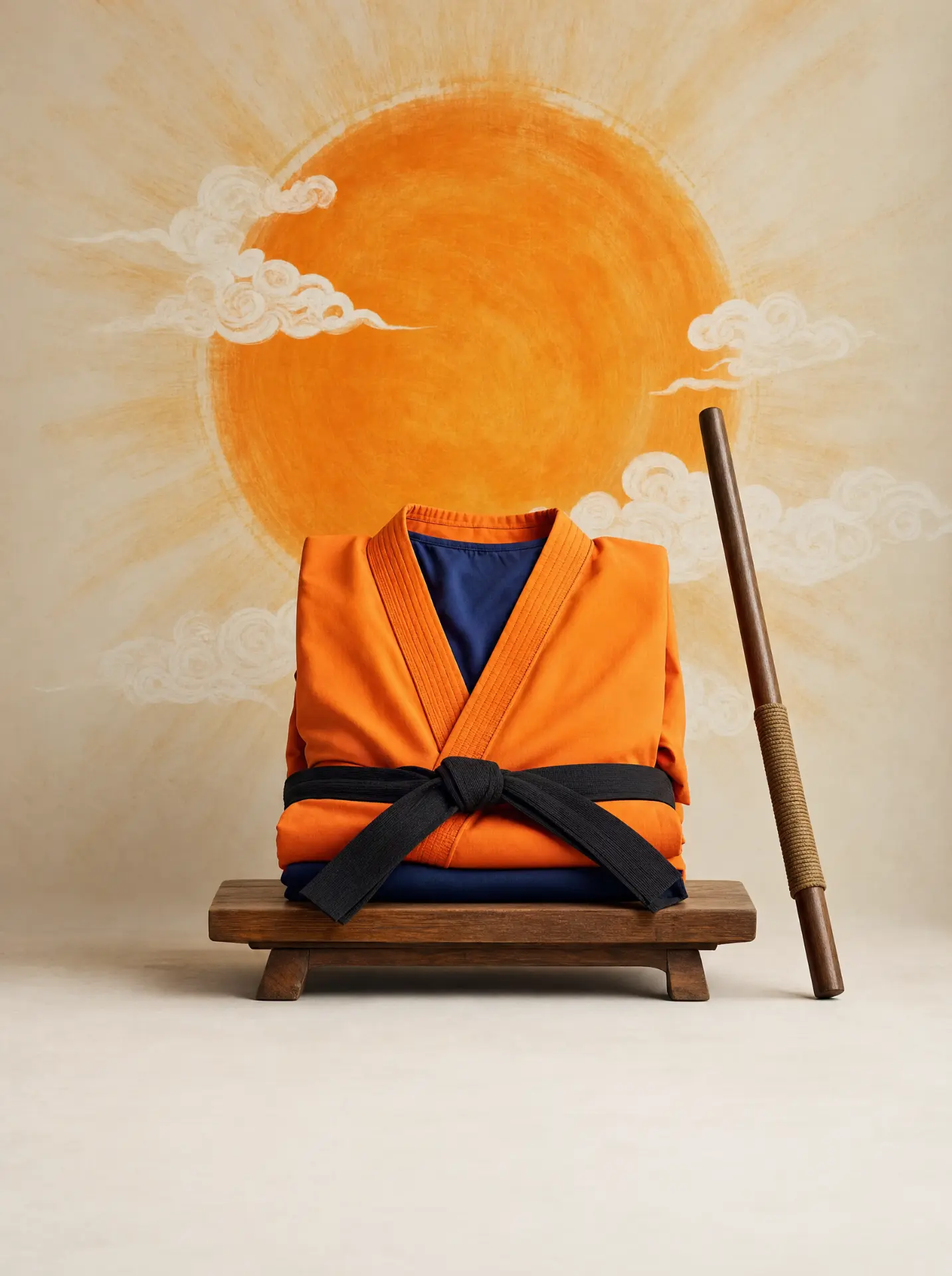 Tenue d'arts martiaux orange pliée sur un support en bois, bâton et soleil orange