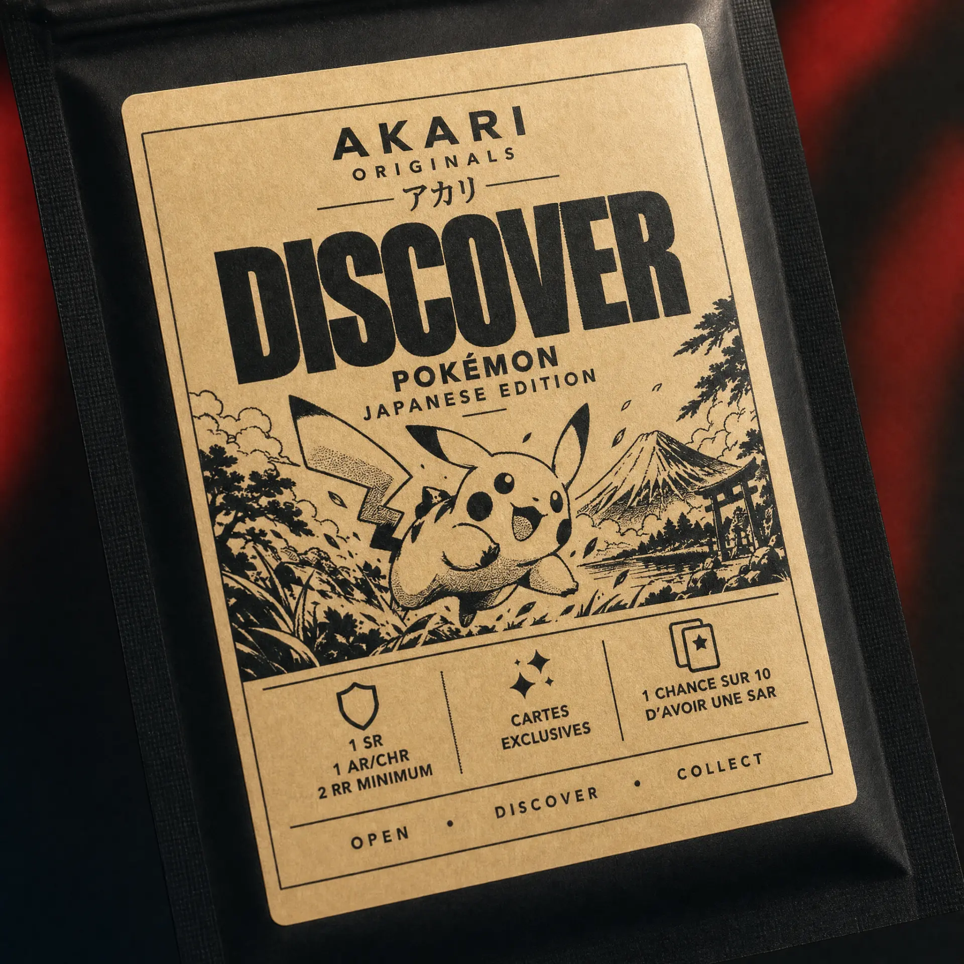 Gros plan sur l'étiquette kraft Akari Discover Pokémon : contenu 1 SR, 1 AR/CHR, 2 RR minimum