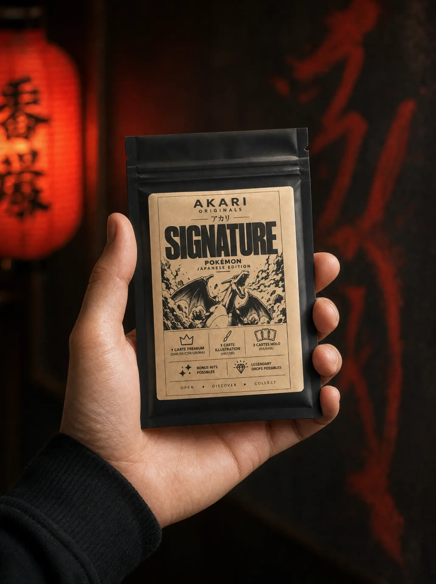 Sachet Akari Signature Pokémon tenu en main devant une lanterne rouge