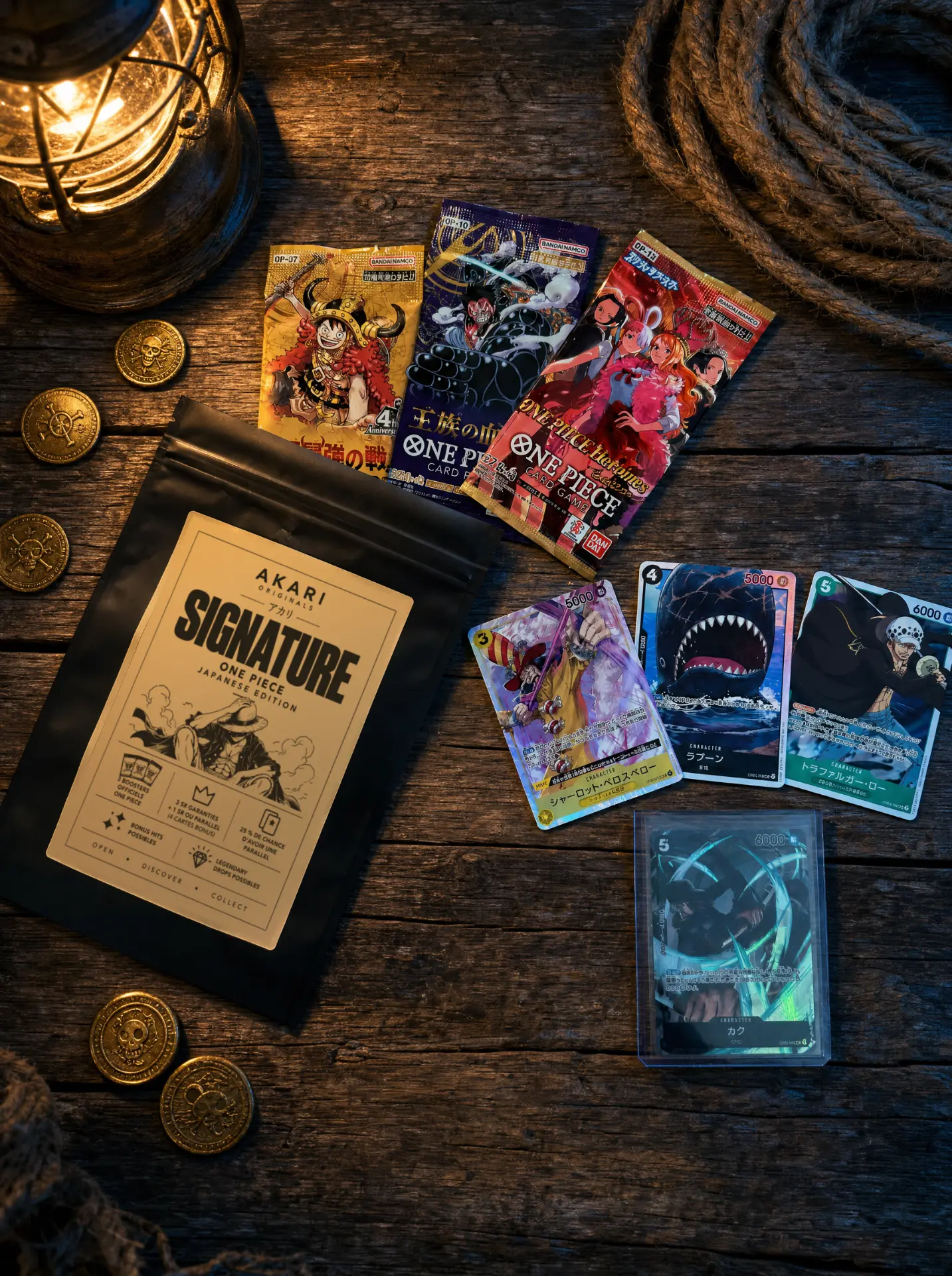 Sachet Akari Signature One Piece avec trois boosters officiels japonais (OP-07, OP-10, OP-11) et quatre cartes dont une en toploader, devant une lanterne allumée