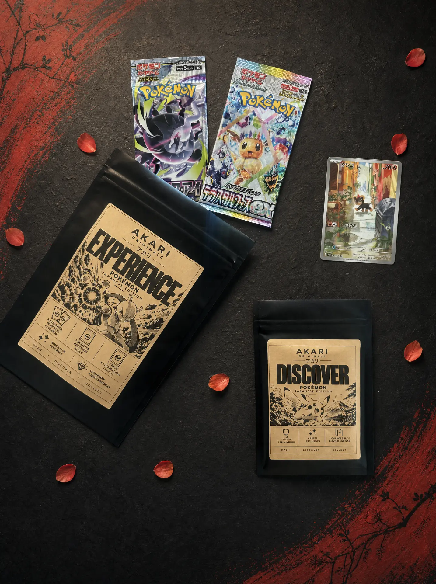 Exemple de contenu Akari Experience Pokémon : deux boosters officiels japonais, une carte illustration et les deux sachets Akari