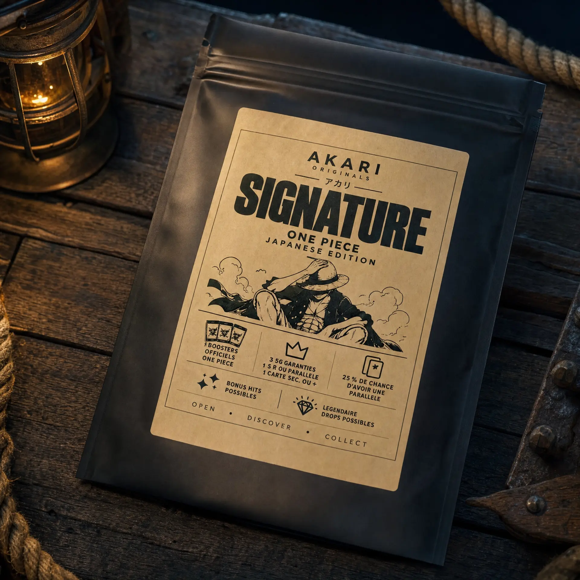 Gros plan sur l'étiquette kraft Akari Signature One Piece : boosters officiels, SR garanties, 25 % de chance de Parallel, Bonus Hits et Legendary Drops possibles